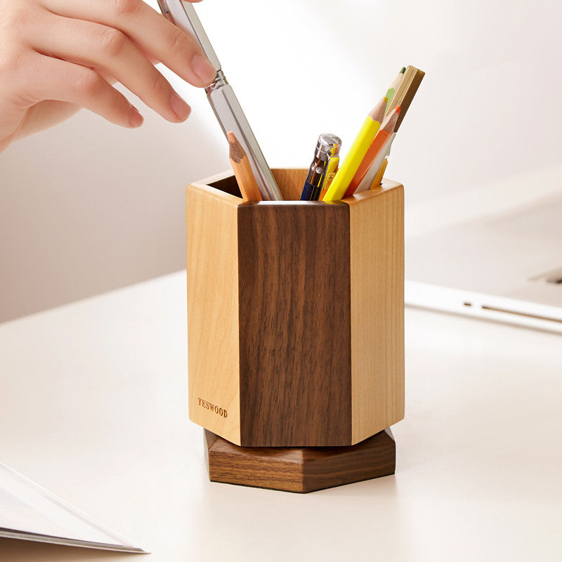Solid Wood Large-capacity Hexagonal Rotating Pen Holder Storage Box