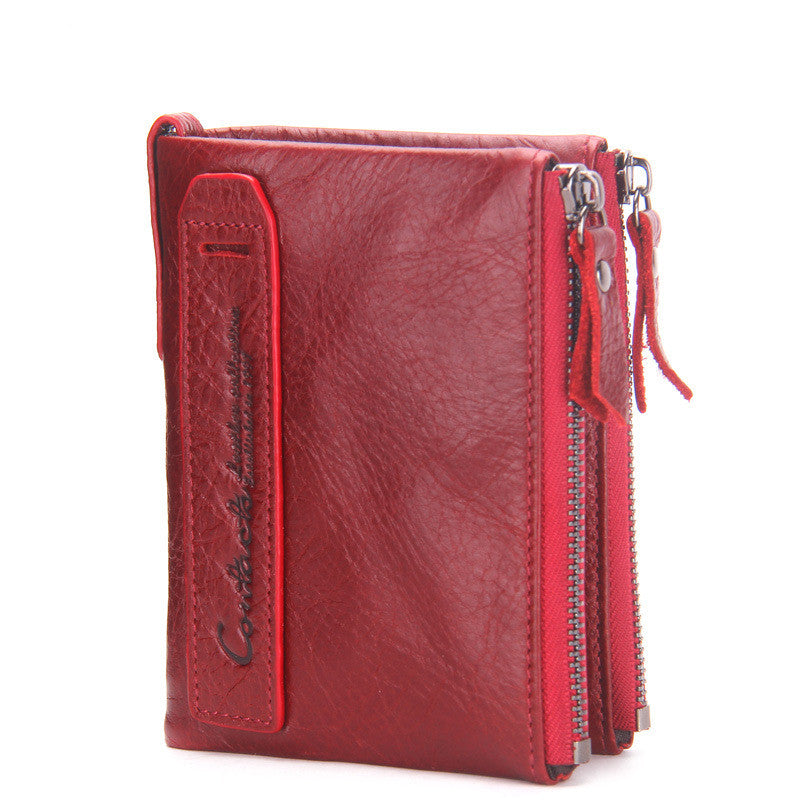 Cowhide double zipper wallet