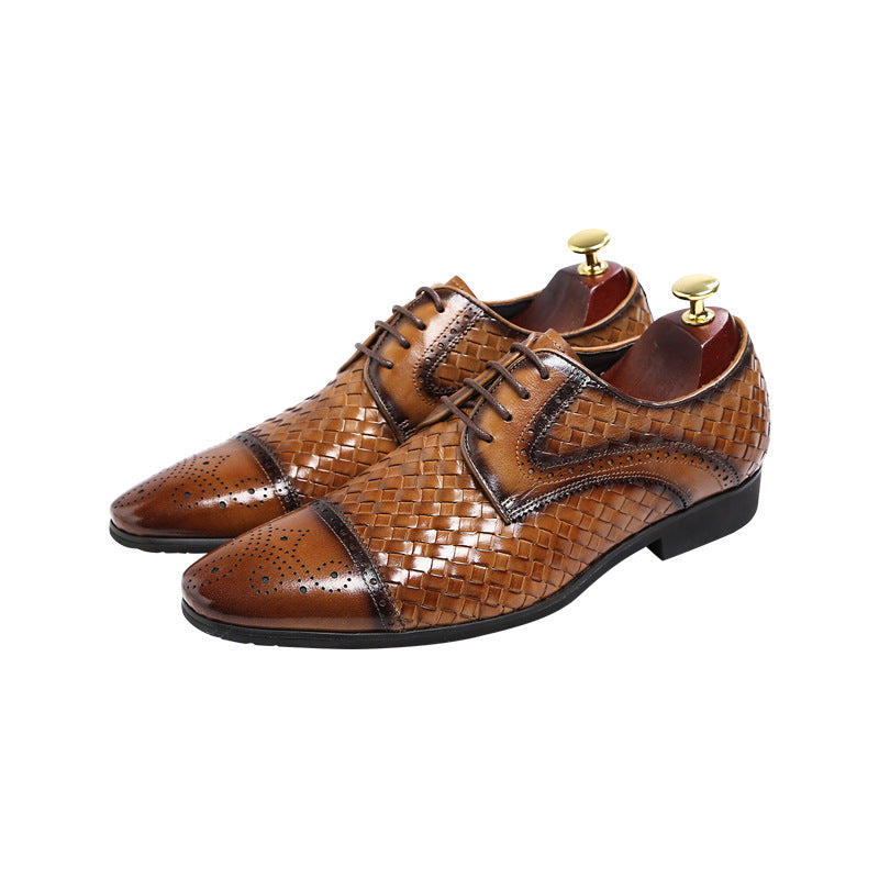 Men&#39;s New British Woven Pointed Business Leather Shoes
