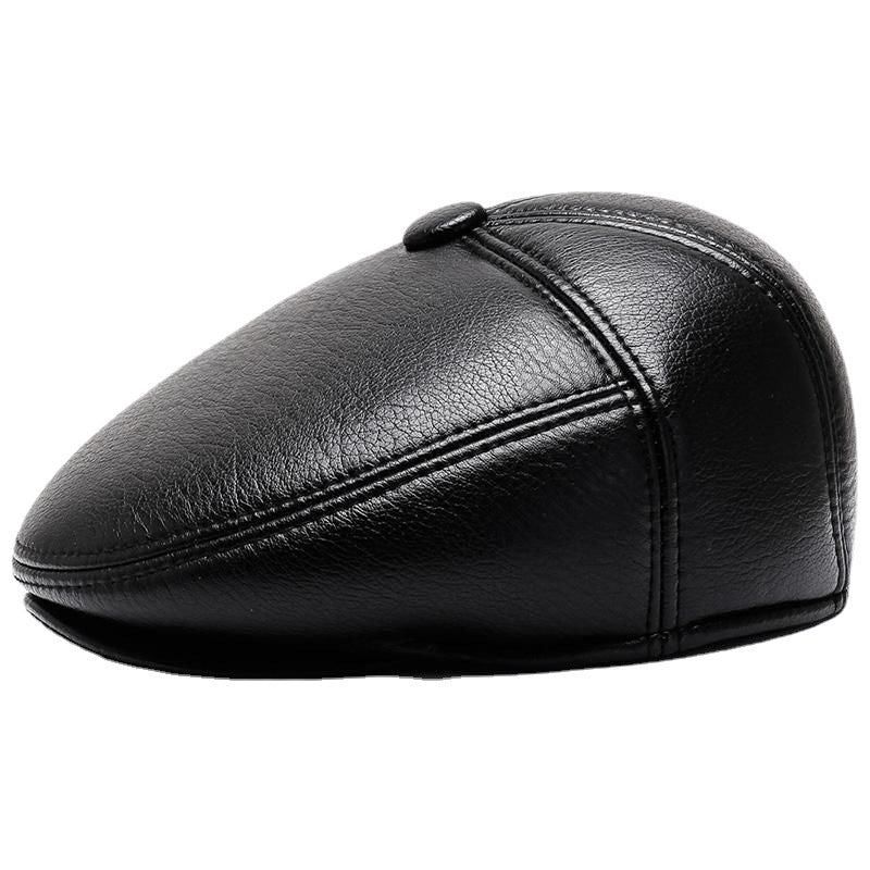 Grandpa Leather Hat Men&#39;s Autumn And Winter Fleece-lined Warm Leisure PU Ears Protection Peaked Cap