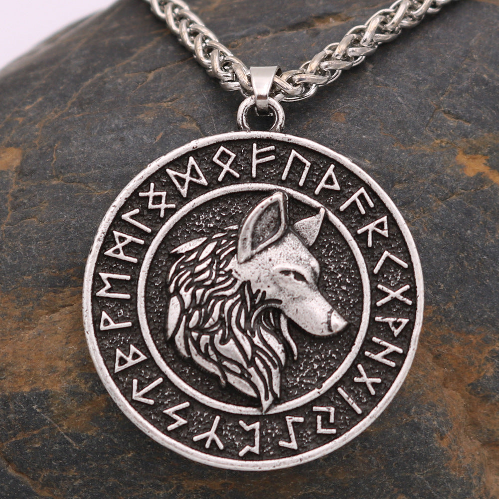 Viking Wolf Head Rune Necklace Metal Men&#39;s Pendant