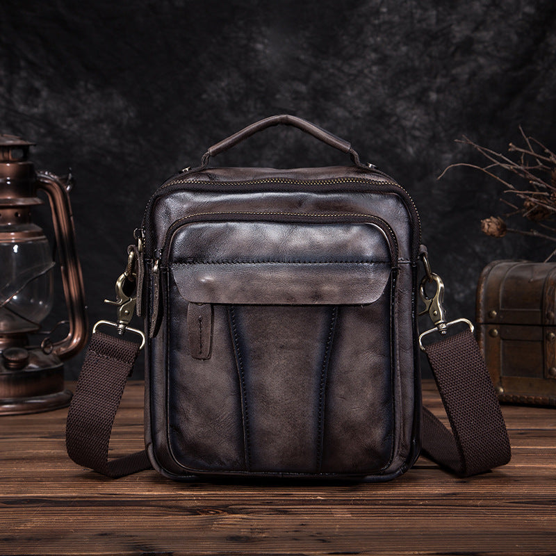 Crazy Horse Leather Retro Men&#39;s 8-inch One-shoulder Diagonal Bag