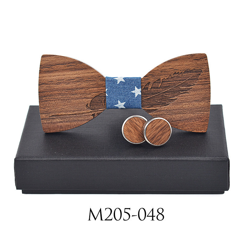 Business Leisure Feather Carving Wooden Tie Cuff Buckle Set