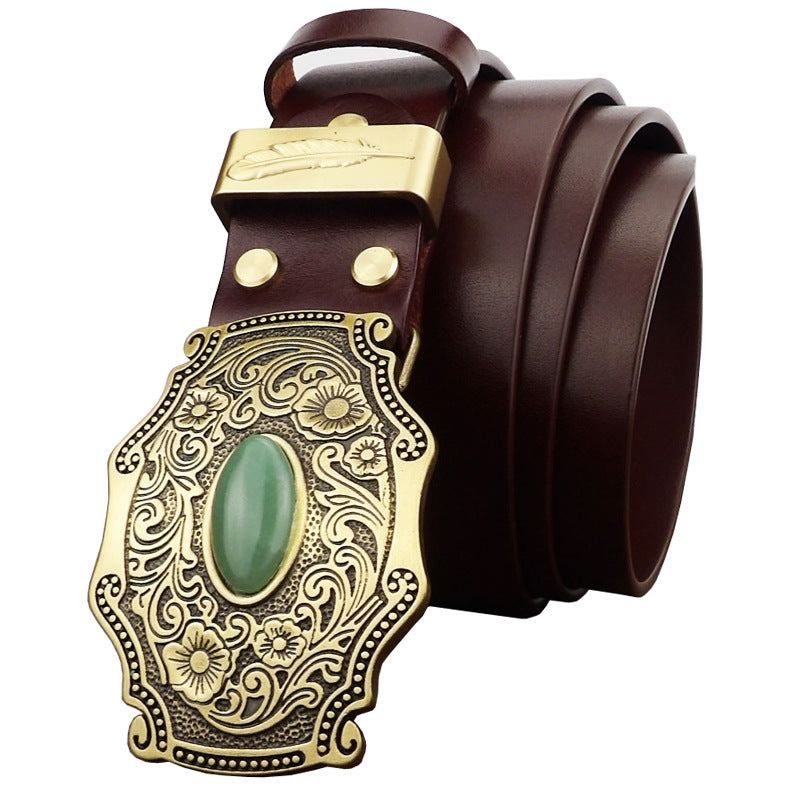 Casual Pure Copper Inlaid Jade Buckle Men&#39;s Belt