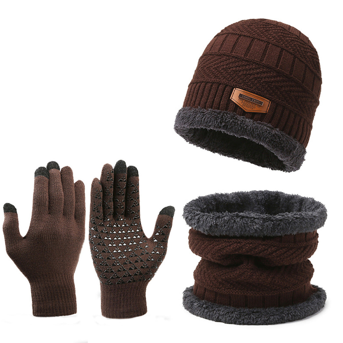 Men&#39;s Winter Scarf Gloves Three-piece Set Fleece-lined Warm Knitted Hat