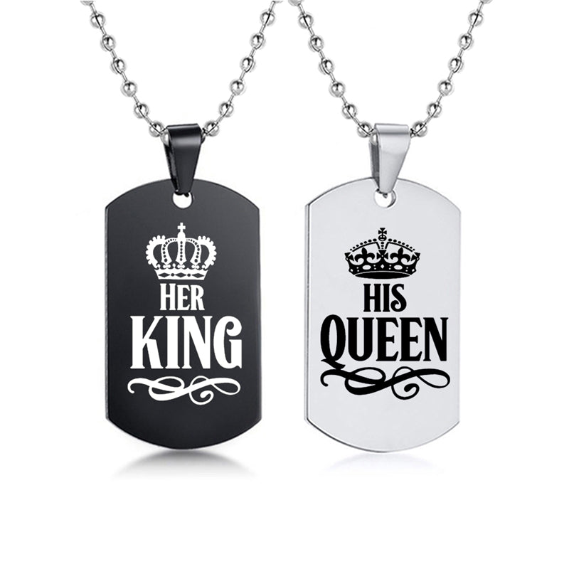 Her King His Queen Stainless Steel Dog Tags Couple Necklace