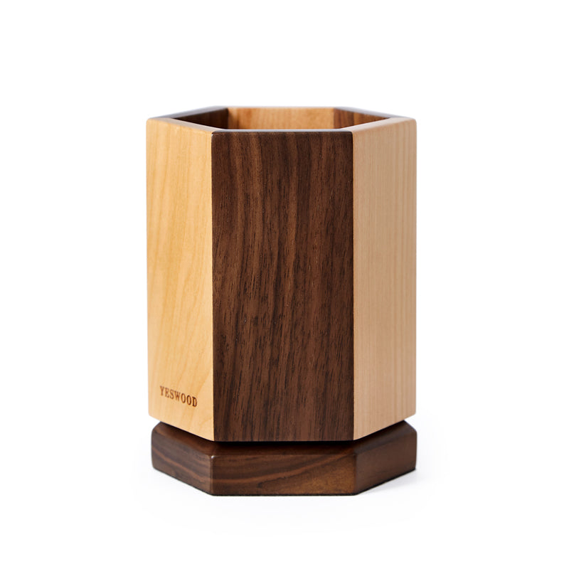 Solid Wood Large-capacity Hexagonal Rotating Pen Holder Storage Box