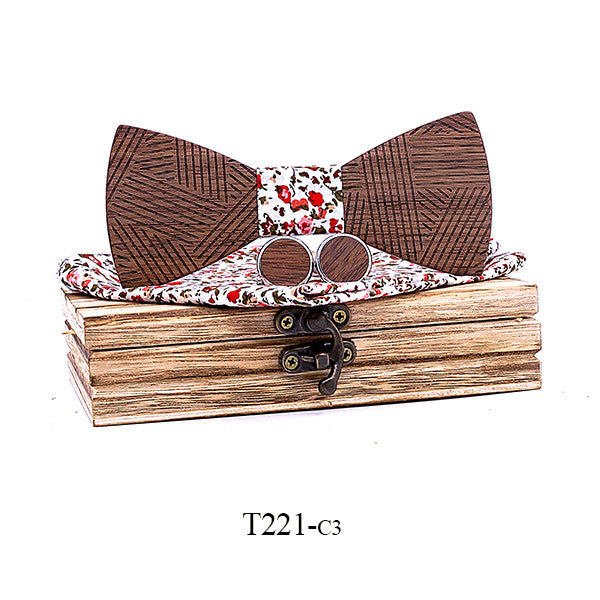 Black walnut line carved wooden bow tie