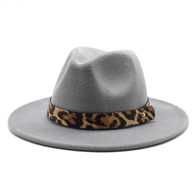 Men&#39;s Fashion Leopard Print Woolen Big Brim Top Hat