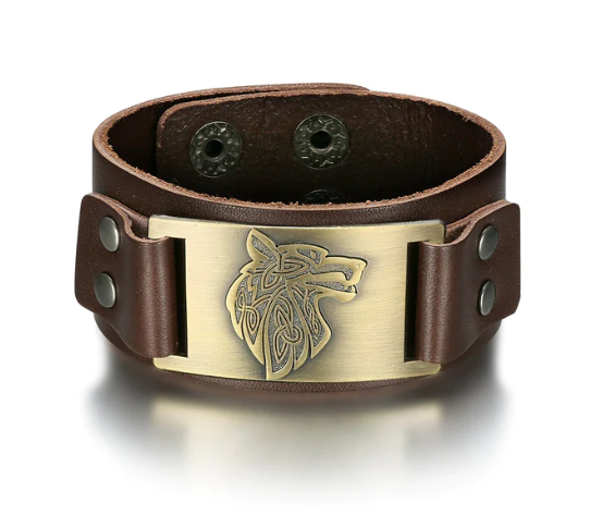 Beowulf Regalia Leather Viking Wolf Head Arm Cuff