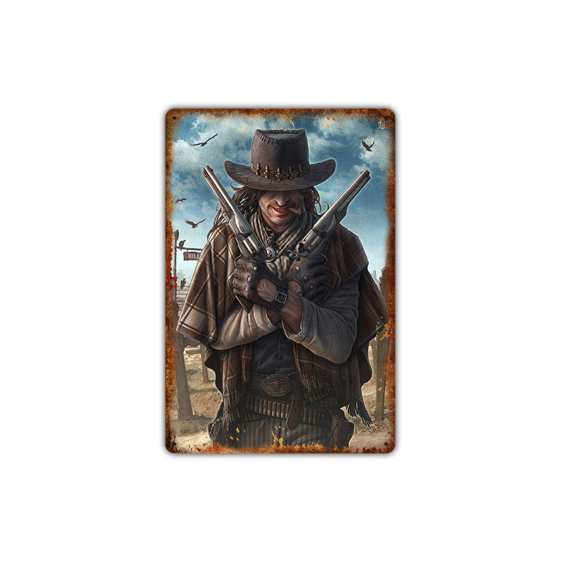 Western cowboy vintage tin painting