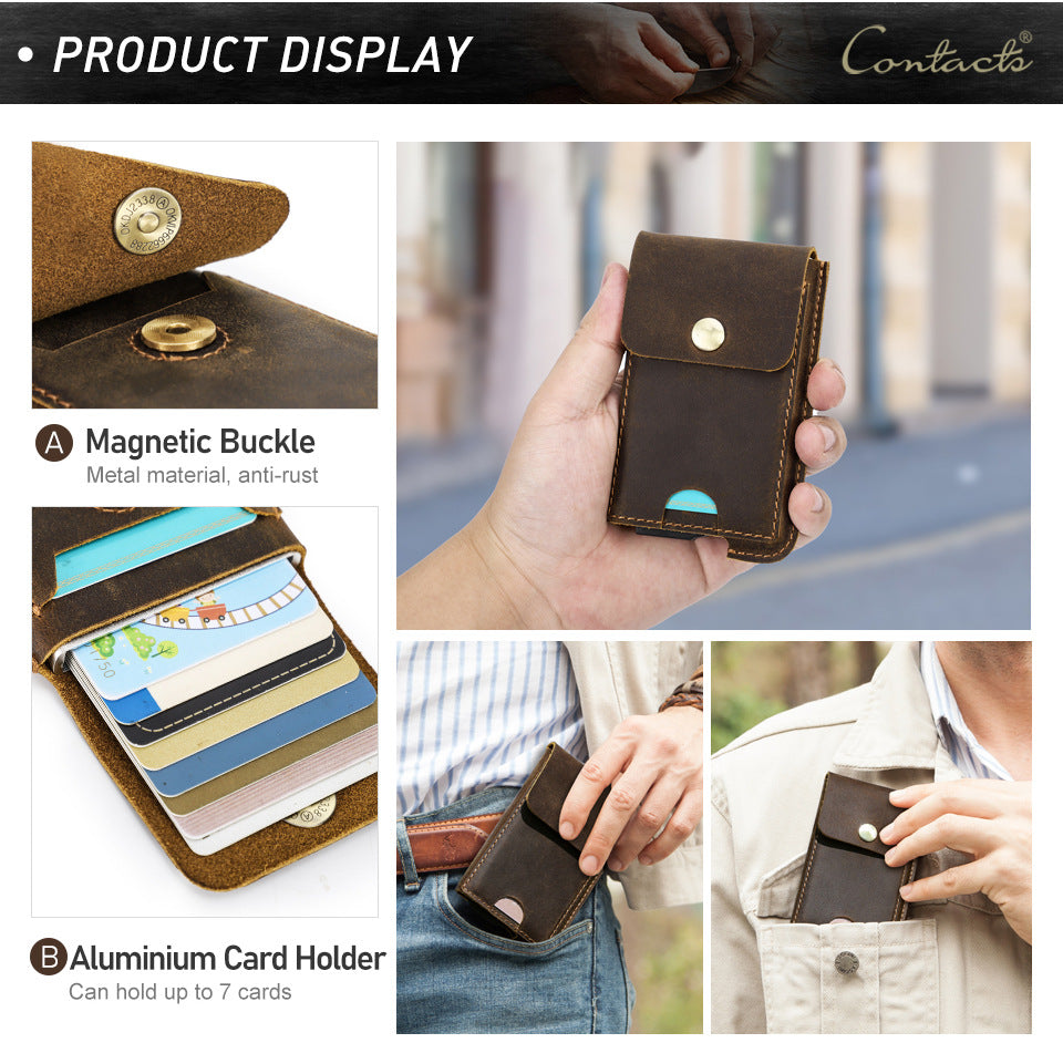 Crazy Horse Cowhide RFID Anti-theft Swipe Automatic Card Box