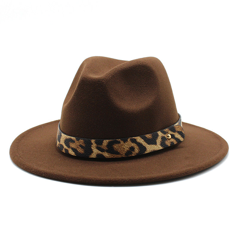 Men&#39;s Fashion Leopard Print Woolen Big Brim Top Hat