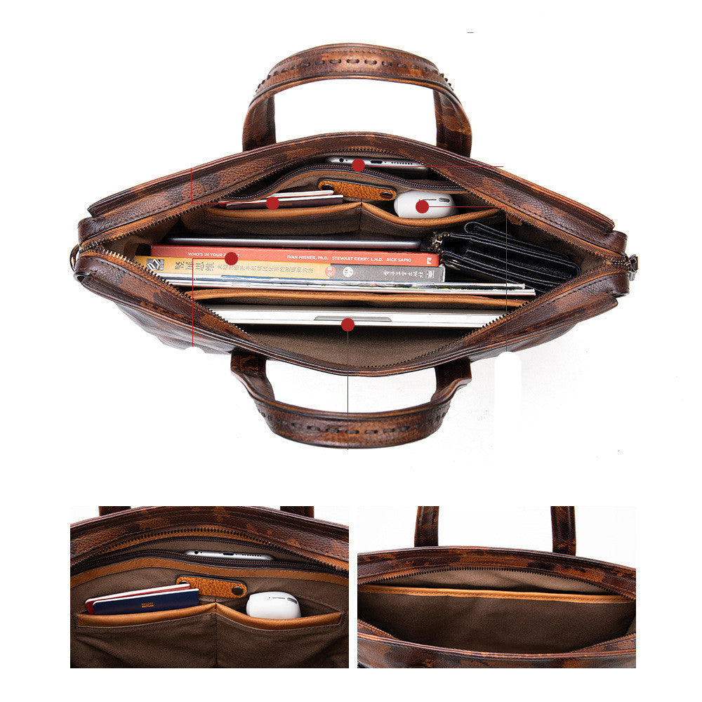 Men&#39;s Briefcase Business Casual First Layer Leather 14 Inch Portable