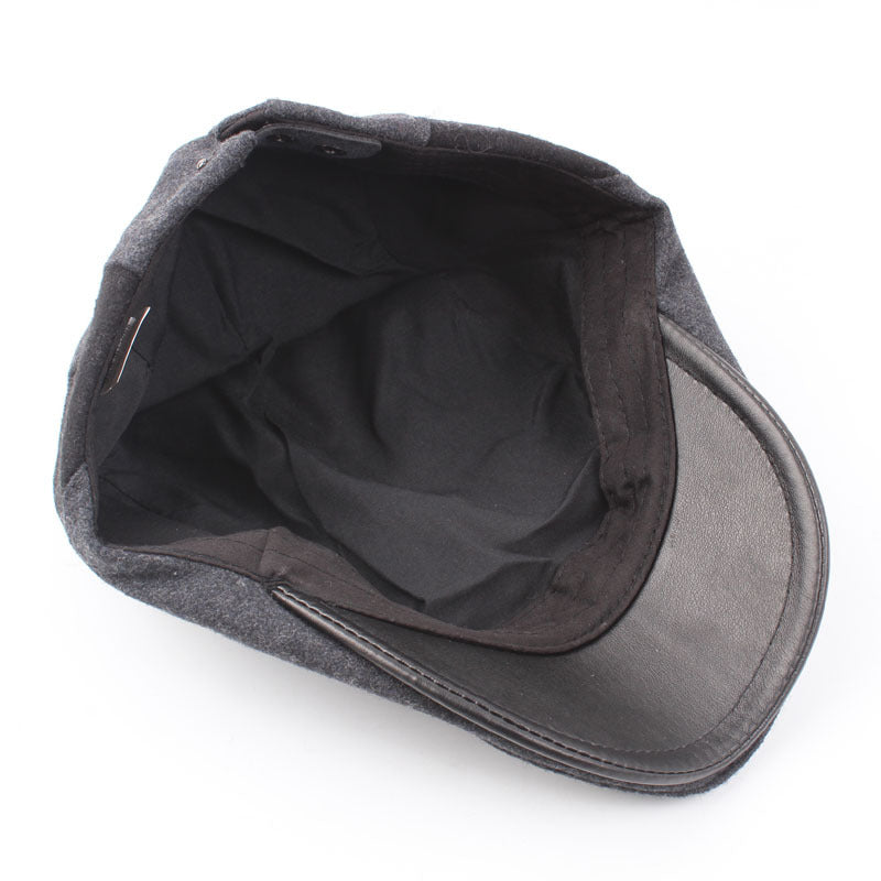Retro Peaked Cap Woolen Material Leather Brim Autumn And Winter Warm