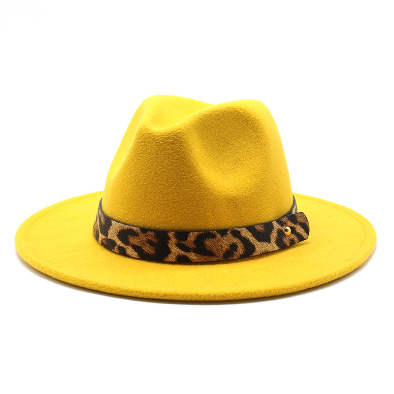 Men&#39;s Fashion Leopard Print Woolen Big Brim Top Hat