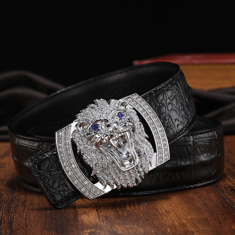 Lion Men&#39;s Smooth Buckle Belt Cowhide Men&#39;s Leather Belt