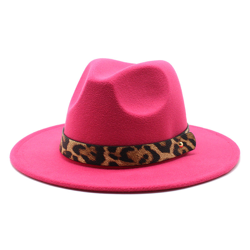 Men&#39;s Fashion Leopard Print Woolen Big Brim Top Hat