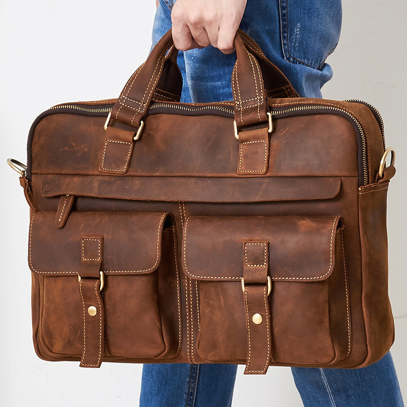 Genuine men&#39;&#39;s bags retro men&#39;&#39;s business bags briefcase cowhide oblique Bag 15.6 inch Laptop Bag