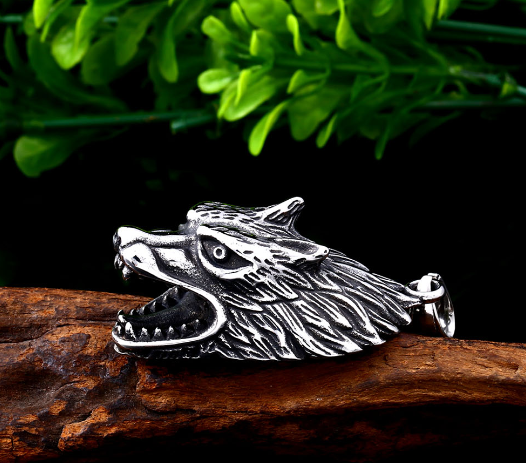 Stainless Steel Viking Wolf Head Men&#39;s Pendant