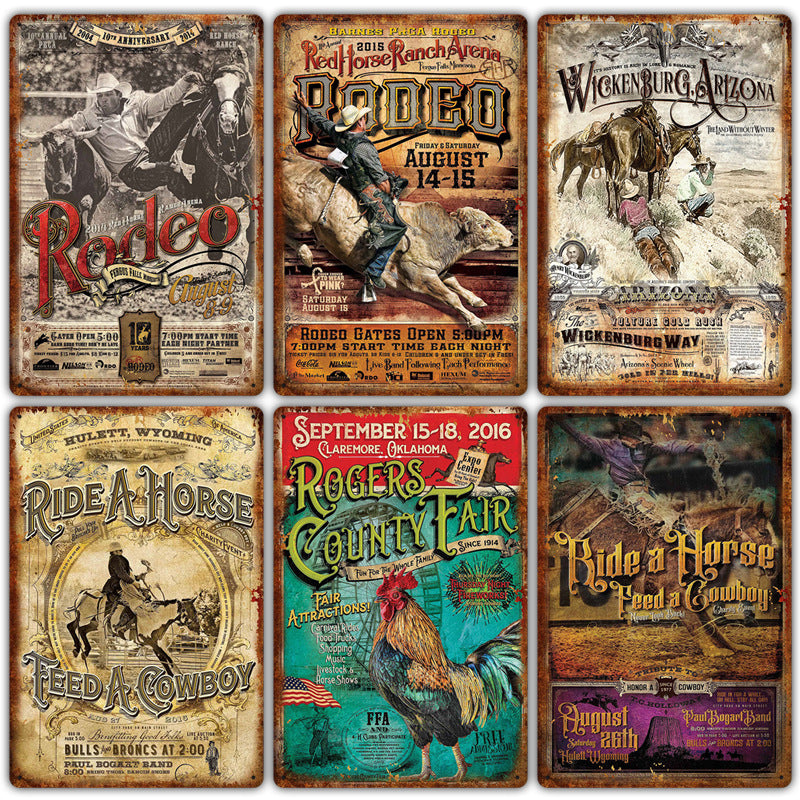 Western cowboy vintage tin painting