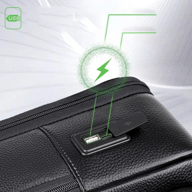 Men&#39;s Leather USB Charging Waterproof And Anti-theft Large Capacity Travel Bag