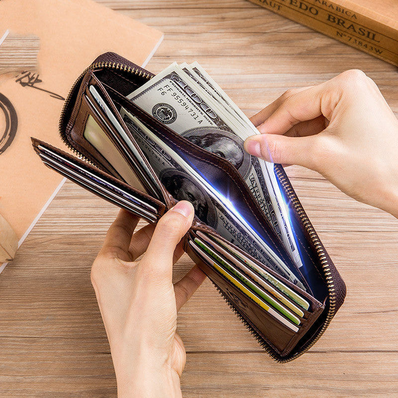 Genuine Leather Men&#39;s Horizontal Multi-card Zipper