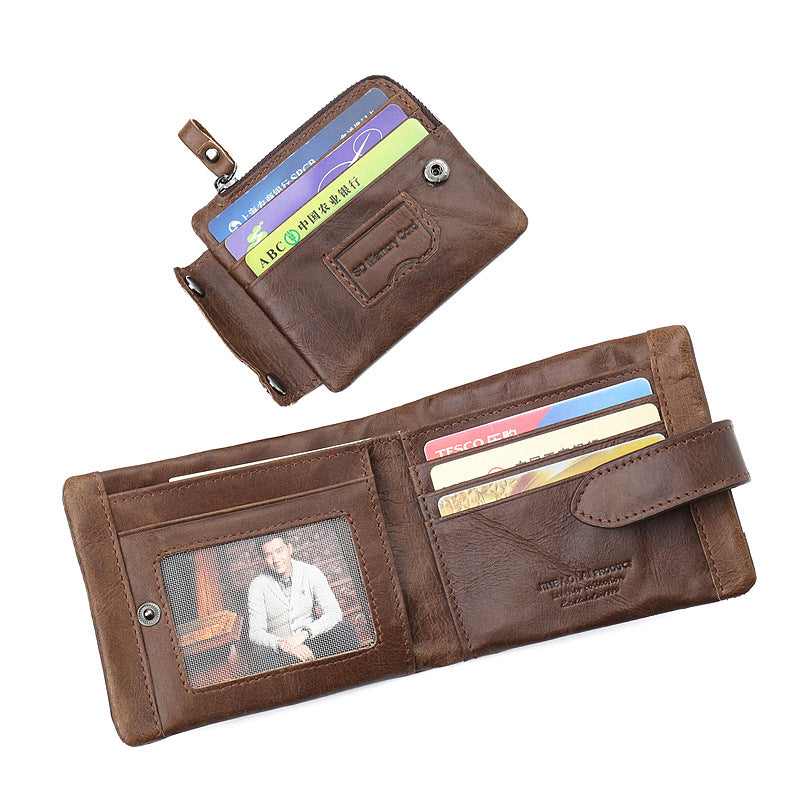 First Layer Cowhide Men&#39;s Wallet Vintage Zipper Buckle Leather Short Wallet