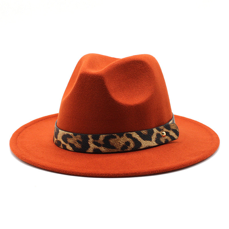 Men&#39;s Fashion Leopard Print Woolen Big Brim Top Hat