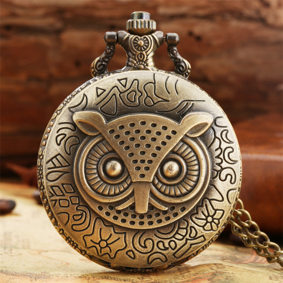 Vintage Bronze Large Owl Pattern Flip Cover Quartz Pocket Watch