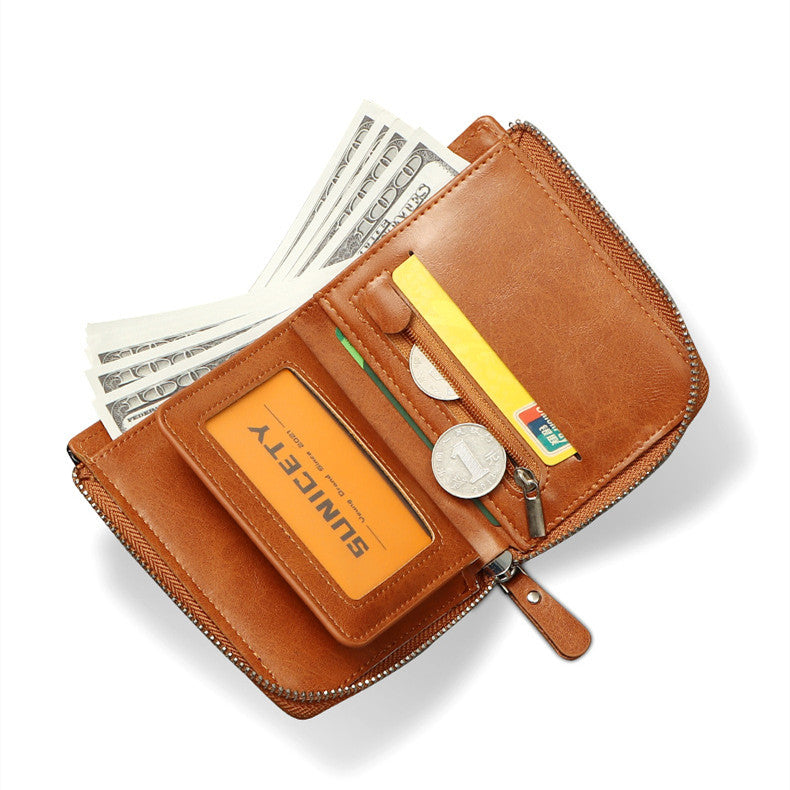 Men&#39;s Short Fashion Leather Zipper RFID Wallet