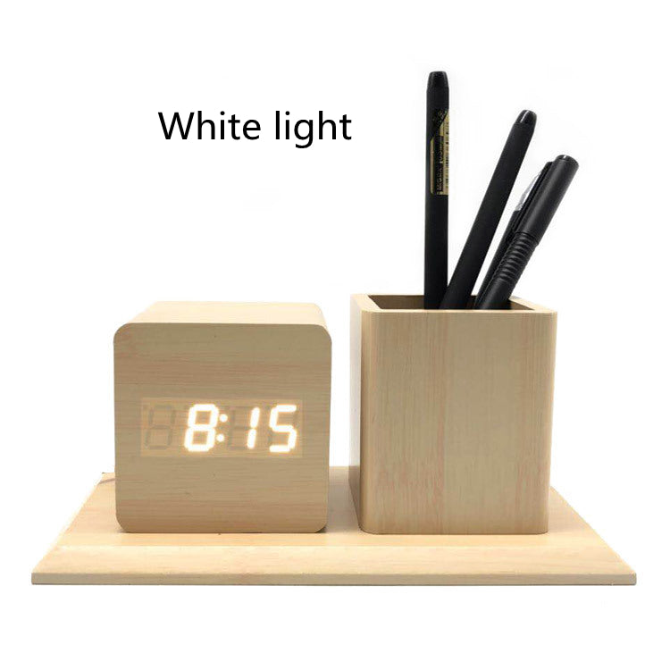 Fashion Led Wood Pen Holder Alarm Clock Student Digital Mute