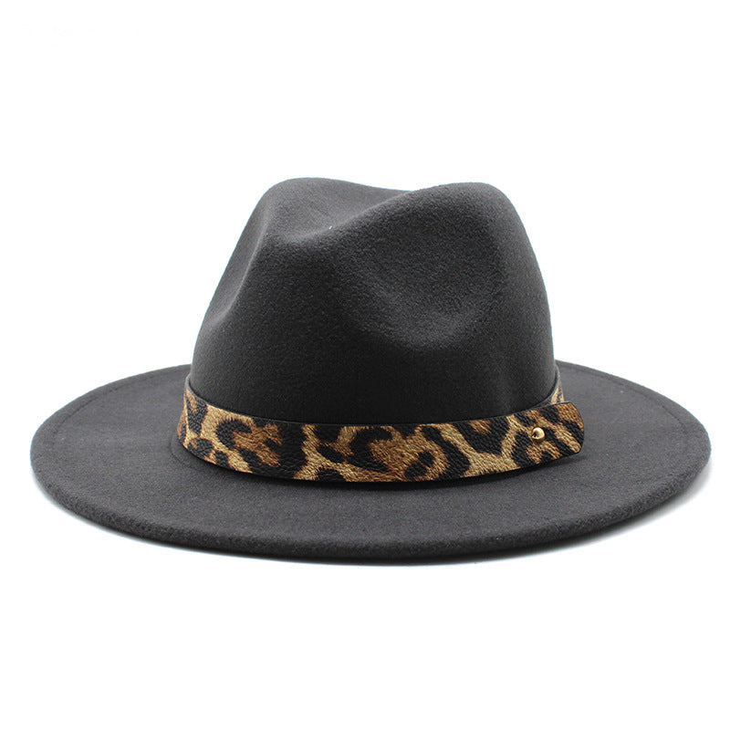 Men&#39;s Fashion Leopard Print Woolen Big Brim Top Hat