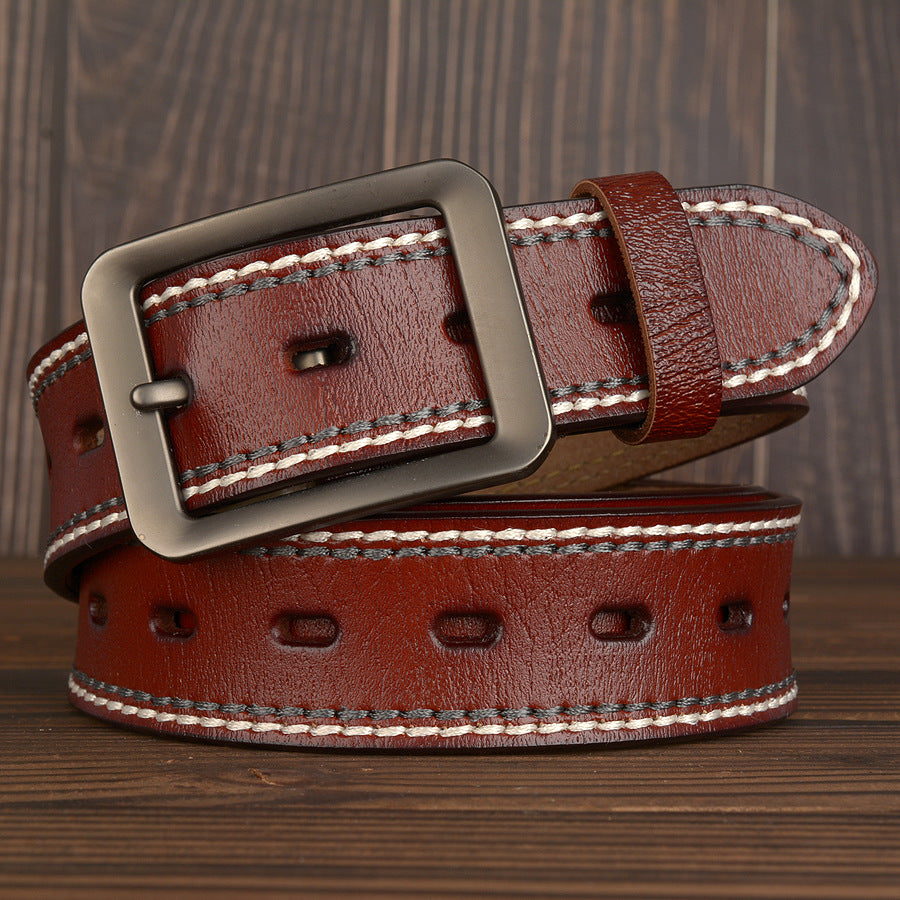 Two-Line Real Cowhide Men&#39;s Belt With Japanese Buckle