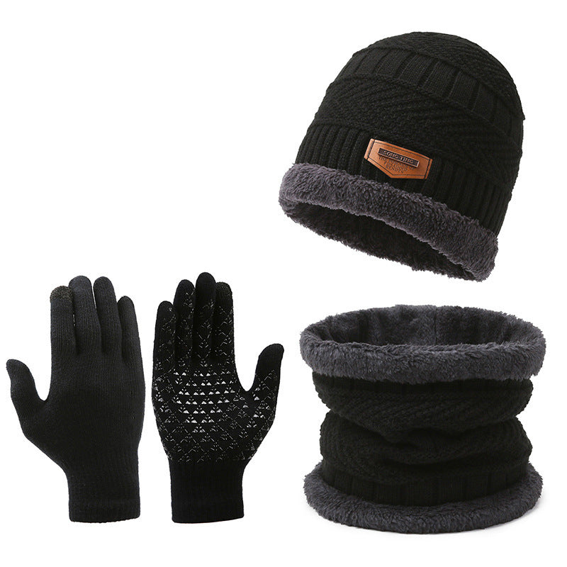 Men&#39;s Winter Scarf Gloves Three-piece Set Fleece-lined Warm Knitted Hat