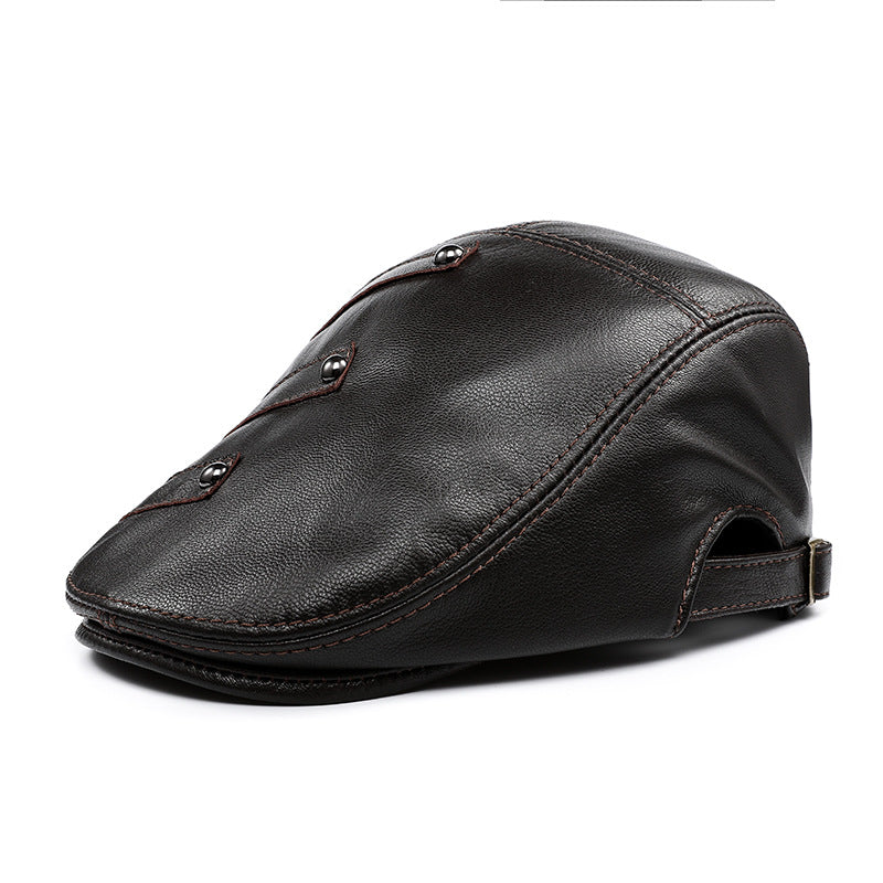 Autumn And Winter Genuine Leather Men&#39;s Middle-aged And Elderly Duck Tongue Korean Workers Monochrome Beret