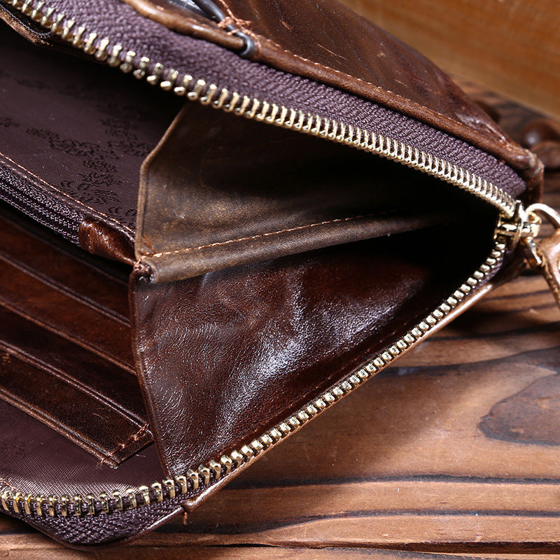 Vintage oil wax leather men&#39;s long wallet