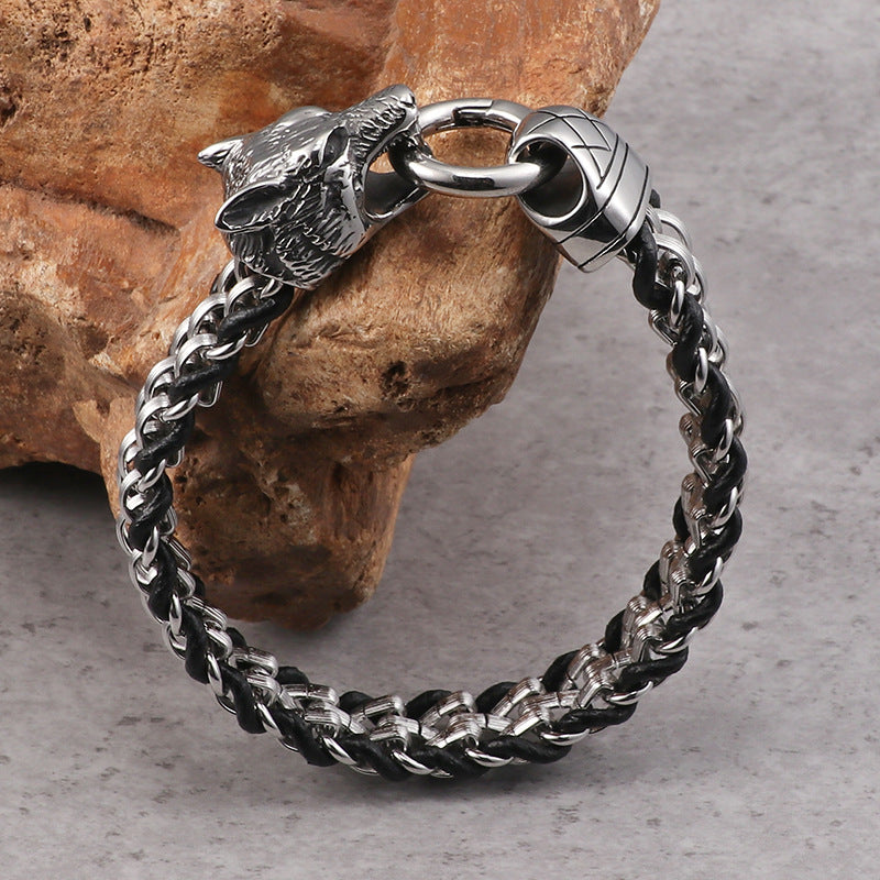 Titanium Wolf Head Men&#39;s Bracelet