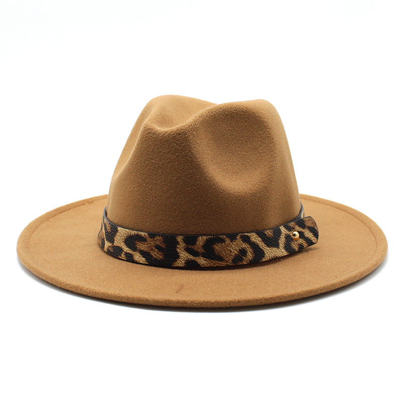 Men&#39;s Fashion Leopard Print Woolen Big Brim Top Hat
