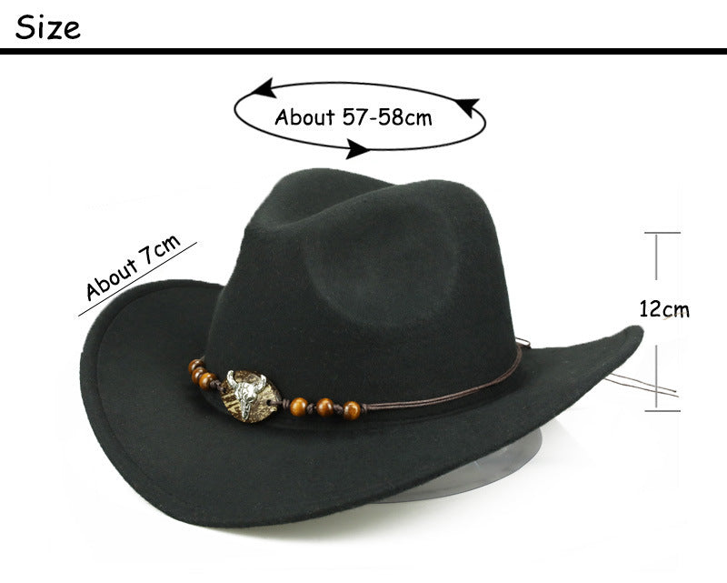 Western Cowboy Hat Wooden Bead Bull Head Fedora Hat