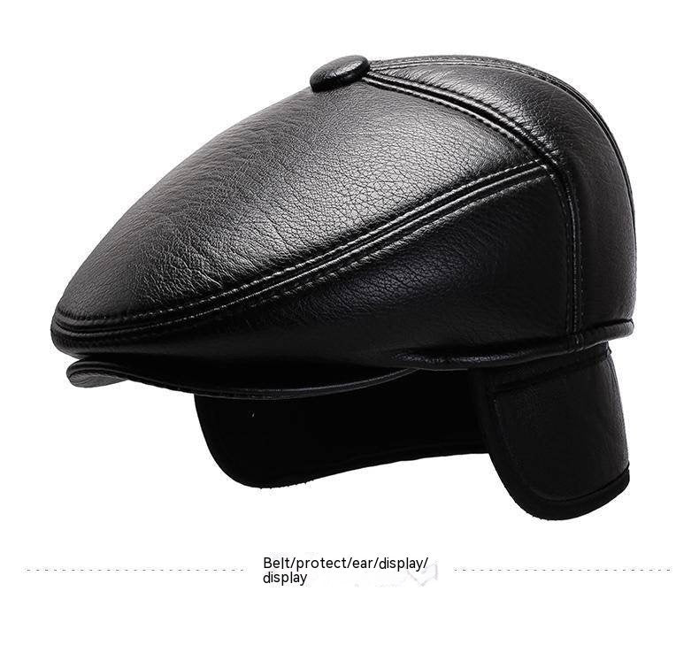 Grandpa Leather Hat Men&#39;s Autumn And Winter Fleece-lined Warm Leisure PU Ears Protection Peaked Cap