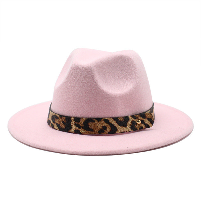 Men&#39;s Fashion Leopard Print Woolen Big Brim Top Hat