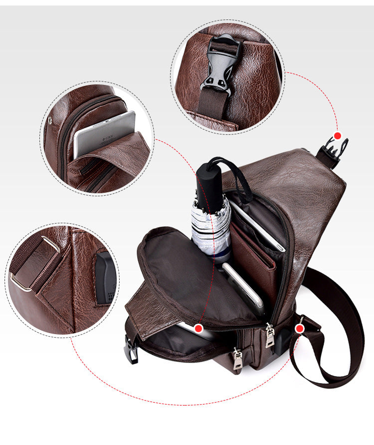 Backpack Male USB Charging Anti-theft Chest Bag Casual Retro Pu Shoulder Bag Men&#39;s Outdoor Riding Sports Messenger Bag