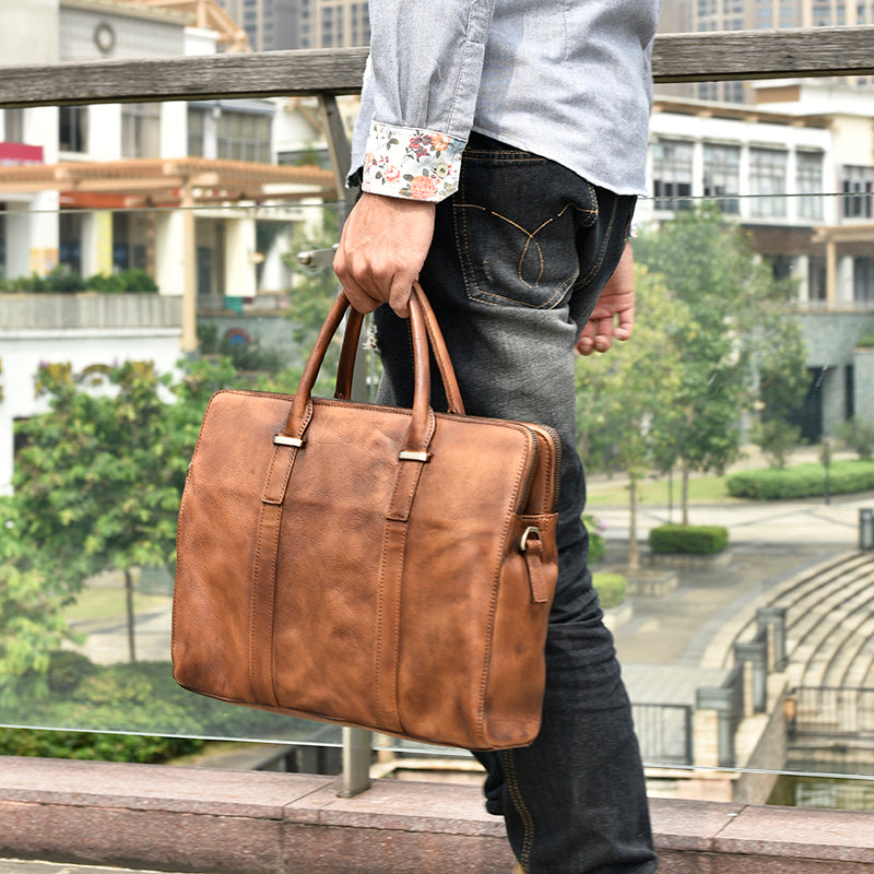 Vintage Vegetable Tanned Leather Men&#39;s First Layer Cowhide Casual Business Handbag