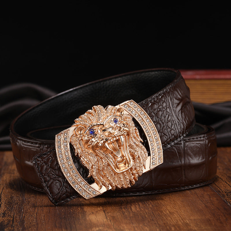 Lion Men&#39;s Smooth Buckle Belt Cowhide Men&#39;s Leather Belt