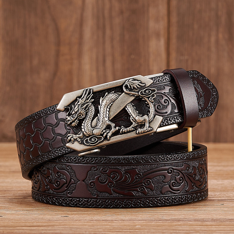 Men&#39;s Dragon Automatic Buckle Two-layer Cow Leather Embossed Belt