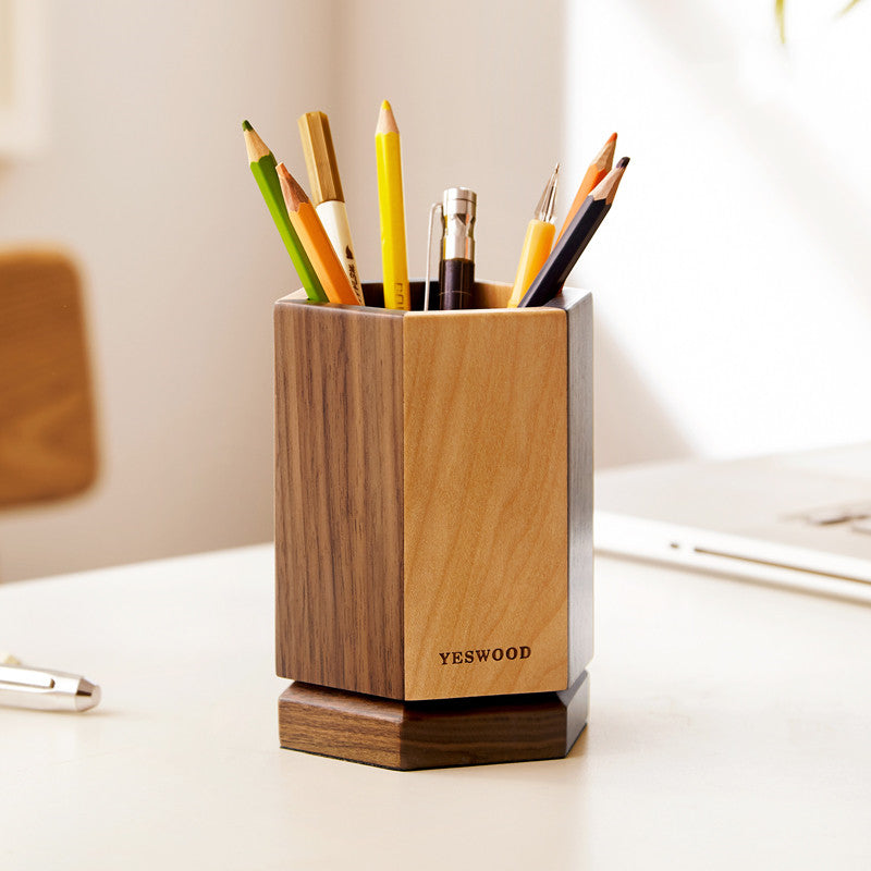 Solid Wood Large-capacity Hexagonal Rotating Pen Holder Storage Box