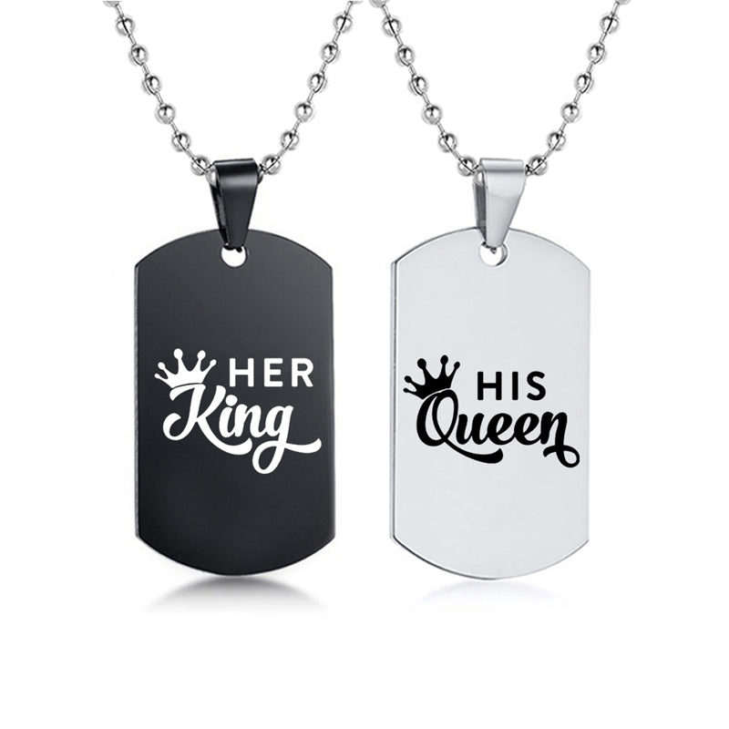 Her King His Queen Stainless Steel Dog Tags Couple Necklace
