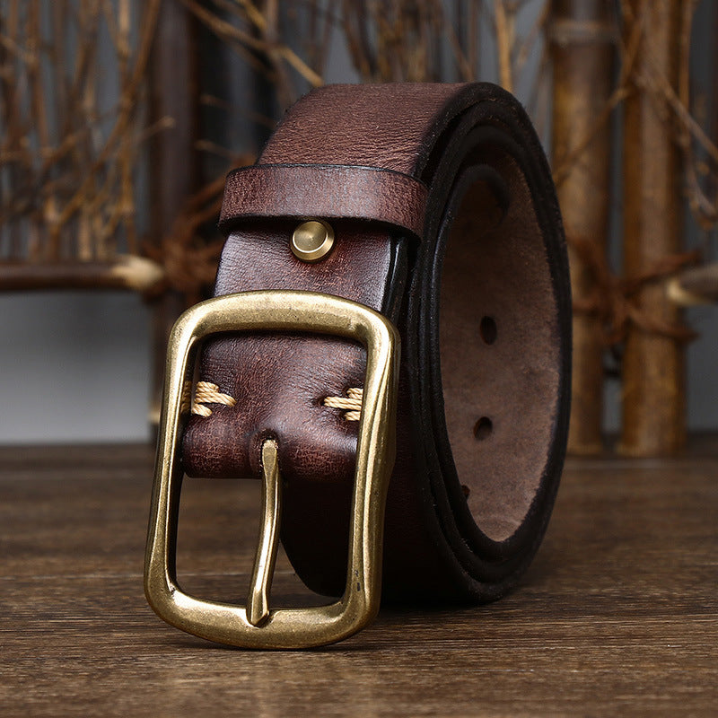 Men&#39;s Cowhide Vintage Distressed Pleated Brass Buckle Belt