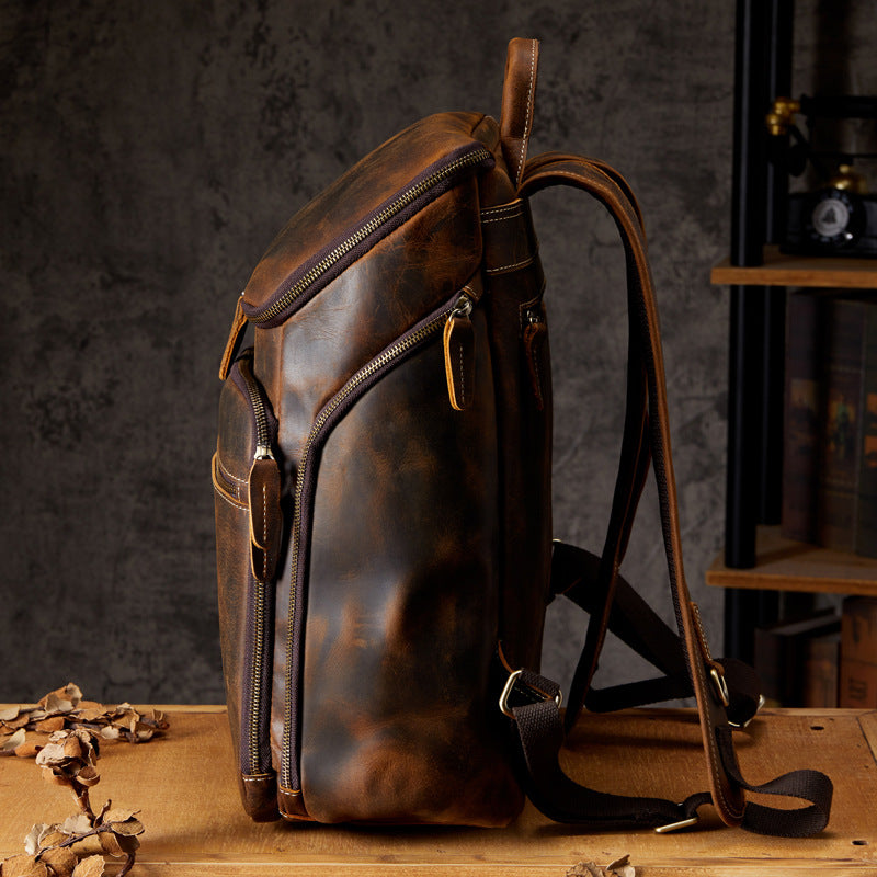 Cowhide Vintage Backpack Men&#39;s Leather Outdoor Travel Backpack Computer Bag